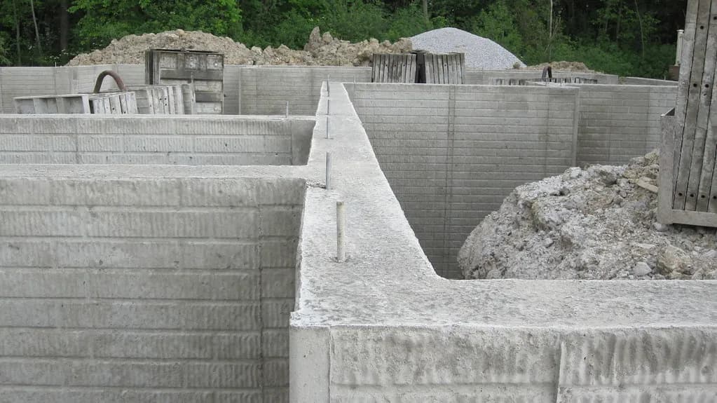 Exterior foundation wall of a house during repair work